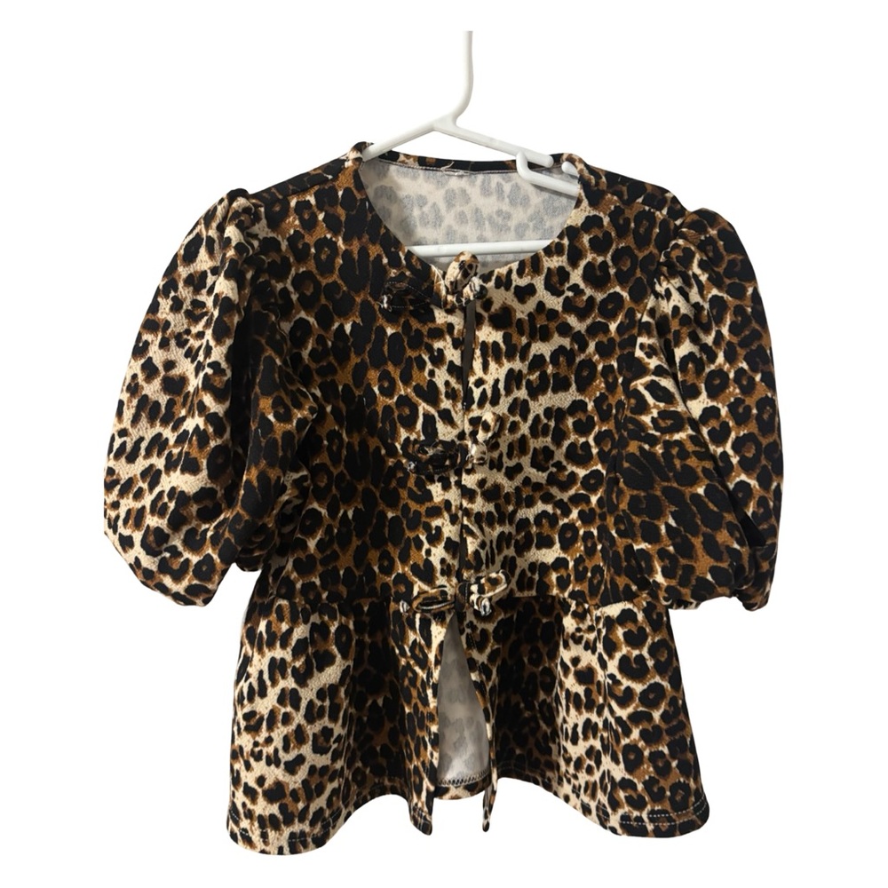 Leopard Print Puff Sleeve Stylish Top For Girls Size 7 - Brown & Black